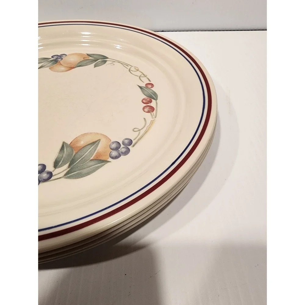 Corelle‎ Abundance Luncheon Plates (4) Blue & Maroon Bands with  Fruits